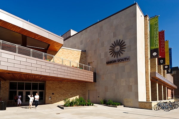 Colorful banners adorn the northwest entrance of the Union South Building at the University of Wisconsin-Madison on July 21, 2011. Union South serves the southwest region of campus with a variety of dining options, meeting spaces and recreational opportunities. (Photo by Bryce Richter / UW-Madison)